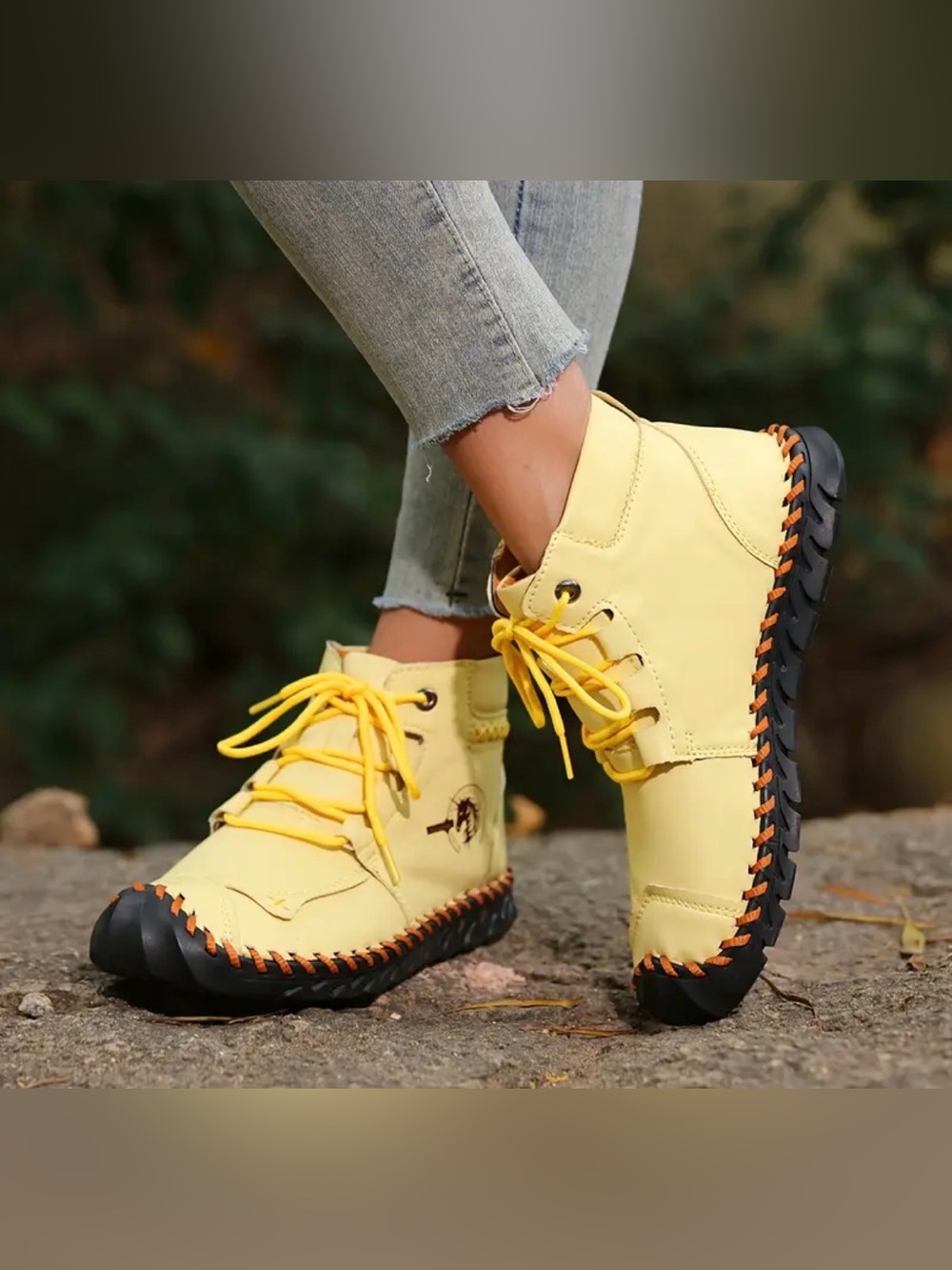 Ankle hiking boots yellow leather & stitched black rubber sole moccasins style